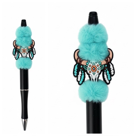 OOAK Western Artisan Pen , Refill & Bag | Turquoise Furry Pom | Real Touch Charm - Picture 2 of 8